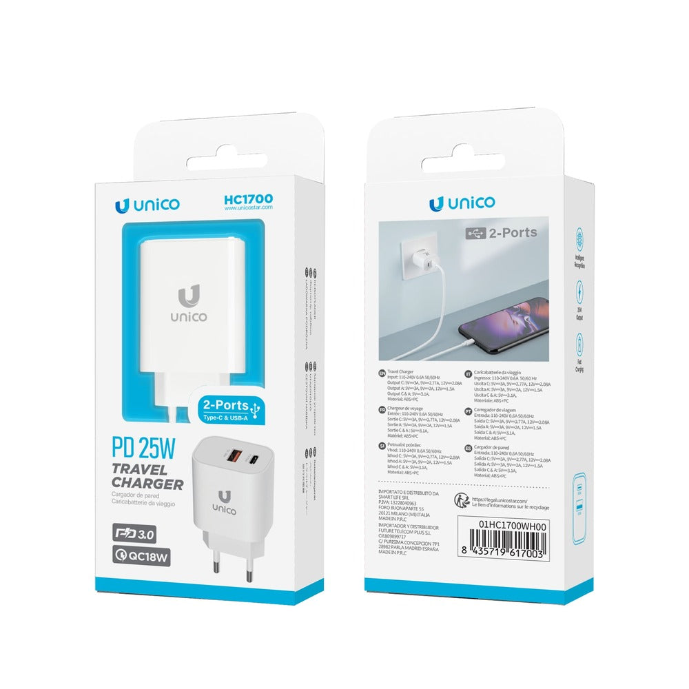 CARGADOR UNICO HC1700 2USB A+C PD25W