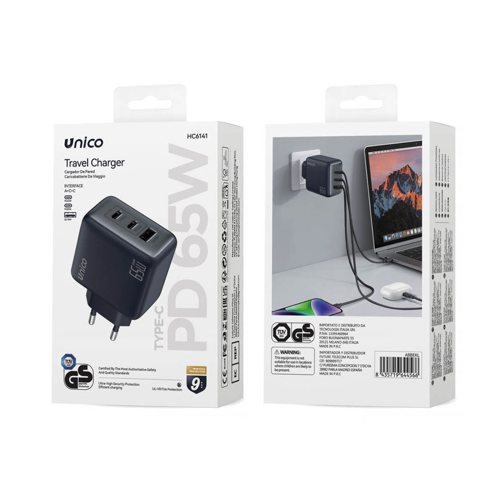 CARGADOR UNICO HC6141 PD65W NEGRO GAN --