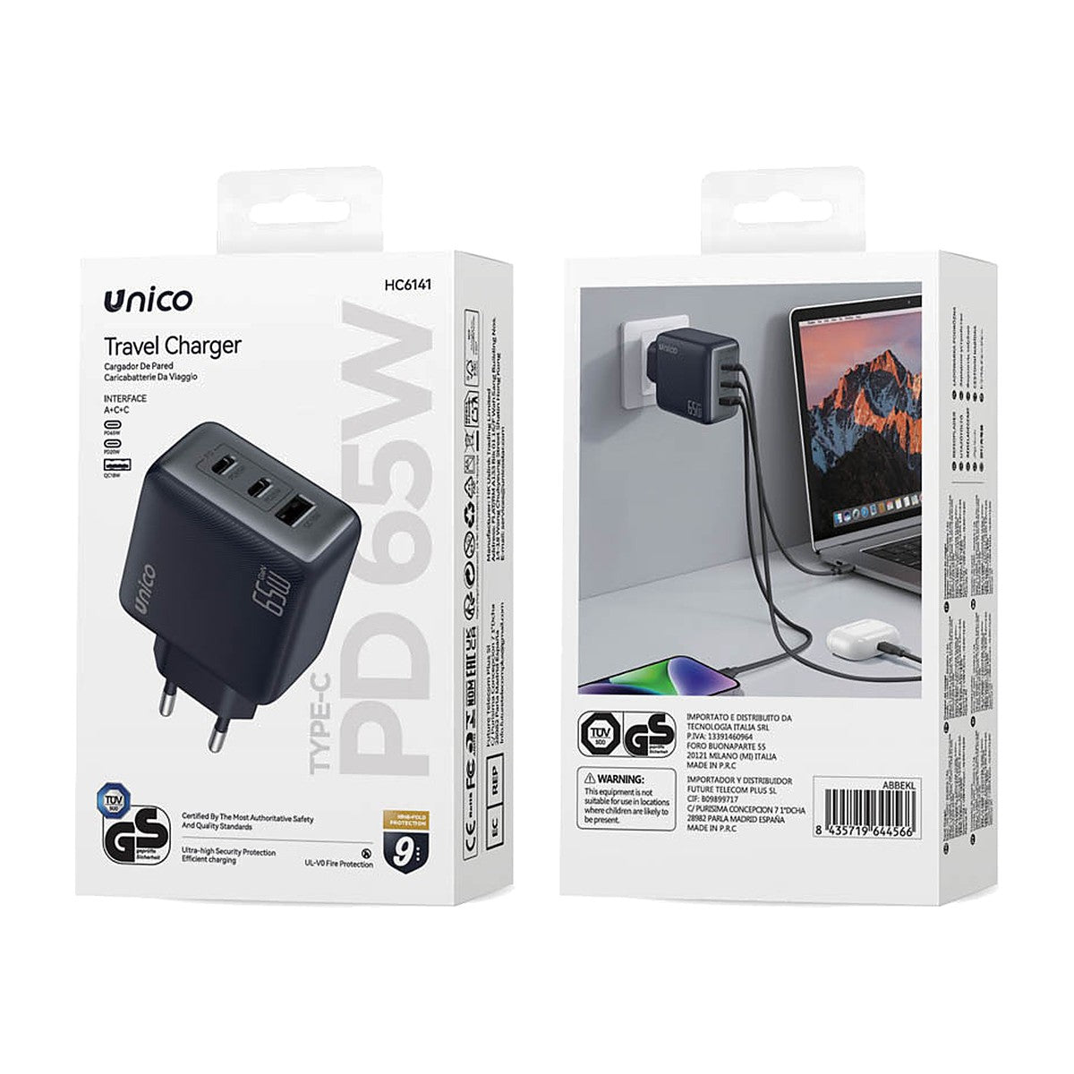 CARGADOR UNICO HC6141 PD65W NEGRO GAN --