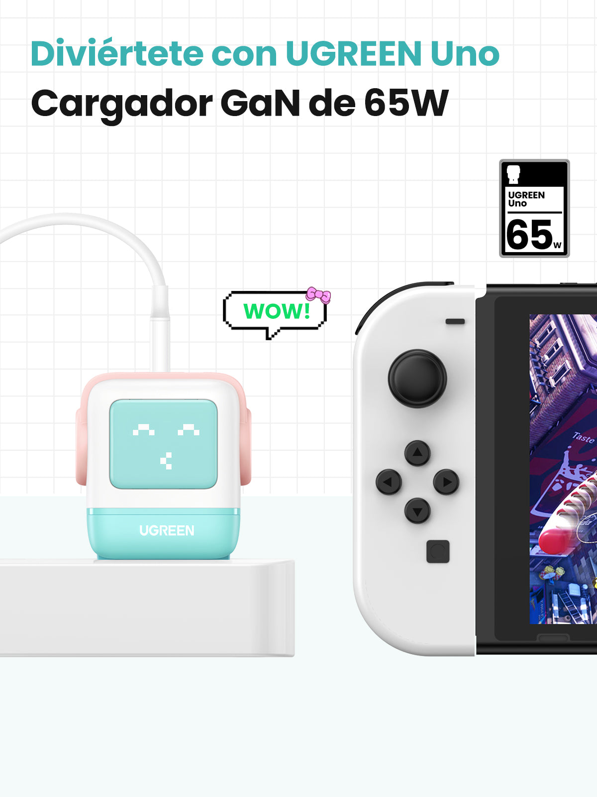 CARGADOR UGREEN ROBOT USB-A+2C 65W PINK-