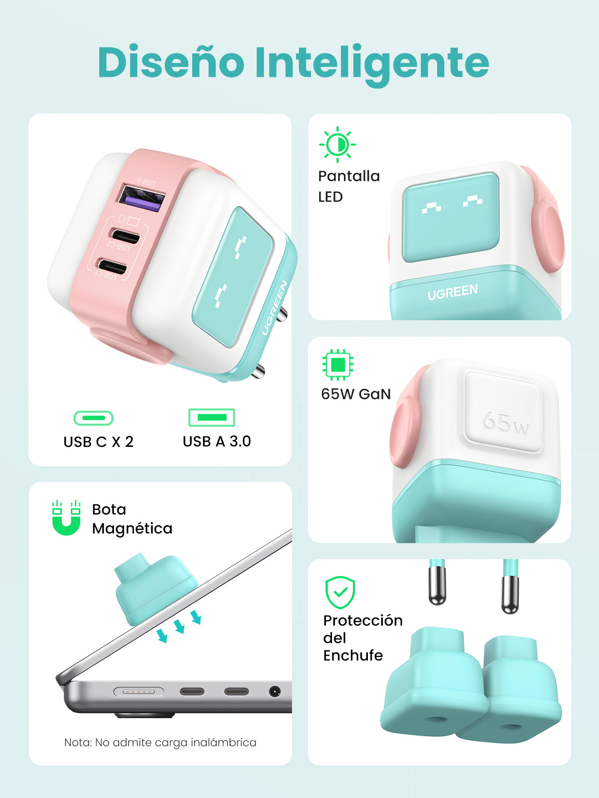 CARGADOR UGREEN ROBOT USB-A+2C 65W PINK-