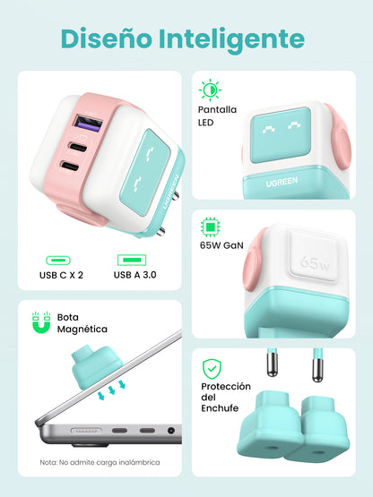 CARGADOR UGREEN ROBOT USB-A+2C 65W PINK-