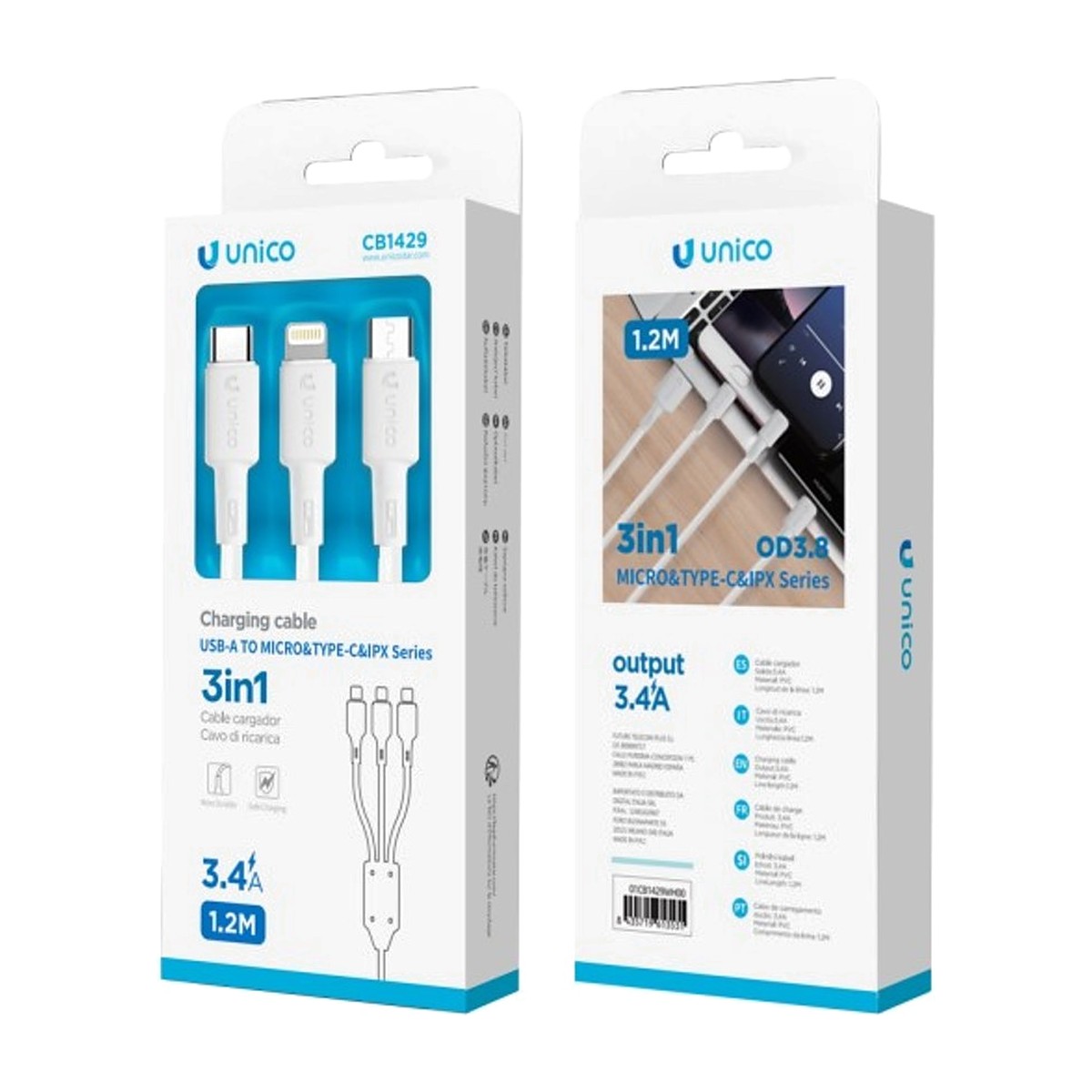 CABLE UNICO CB1429 1,2M 3 EN 1 USB A C+L