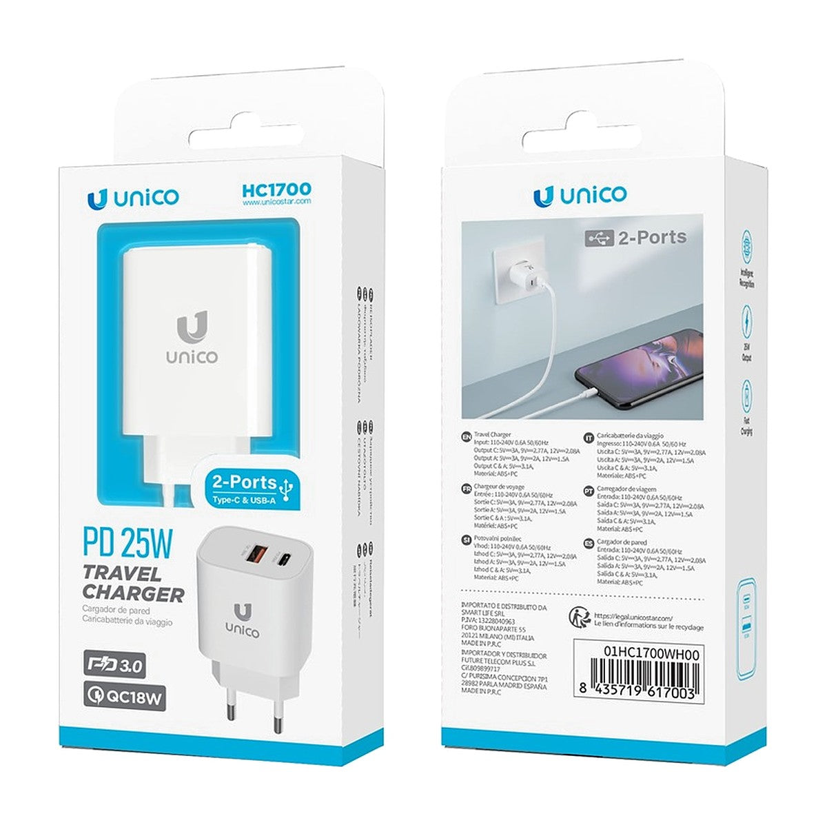 CARGADOR UNICO HC1700 2USB A+C PD25W
