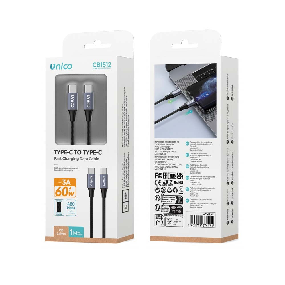 CABLE UNICO CB1512 1M 60W USB C-C BLACK