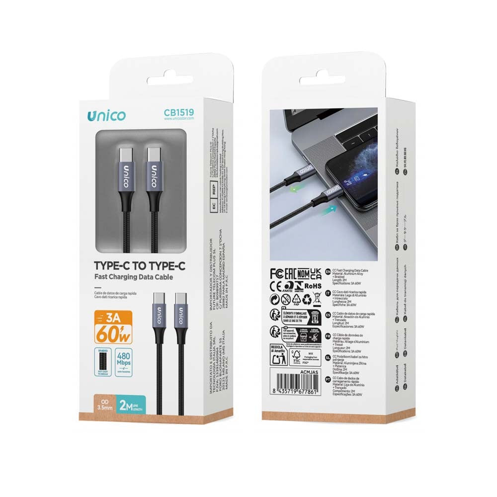 CABLE UNICO CB1519 2M 60W USB C-C BLACK