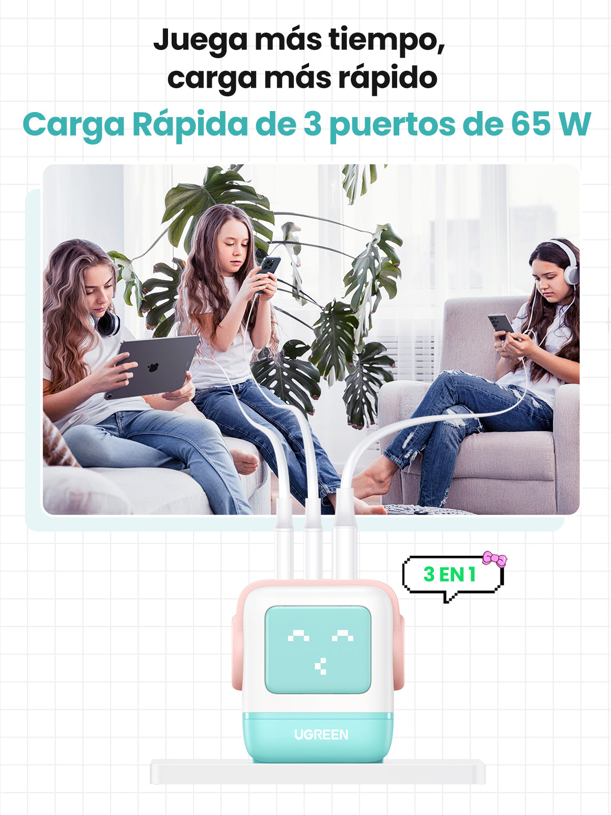 CARGADOR UGREEN ROBOT USB-A+2C 65W PINK-